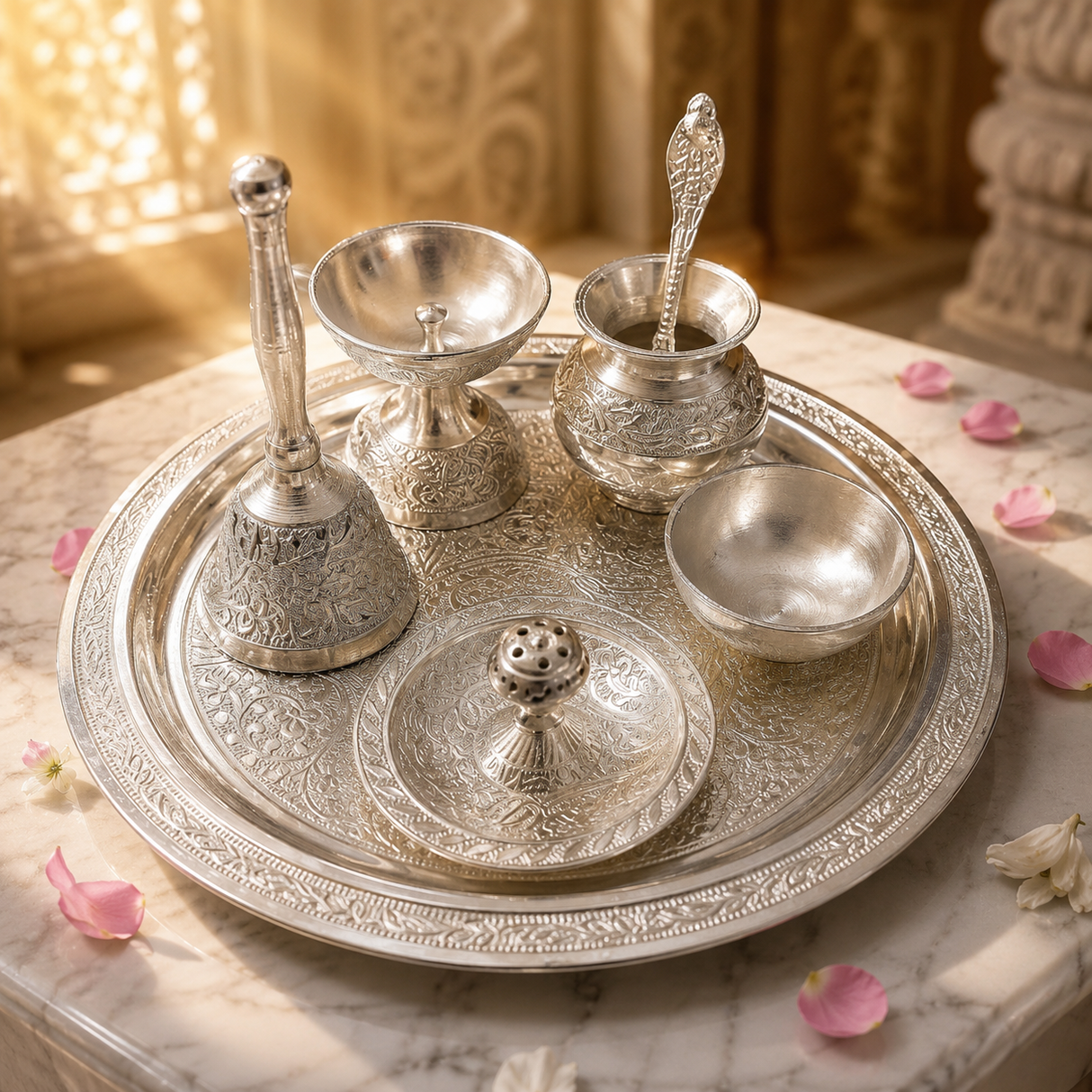 Silver Color German Finish Pooja Gift Set 8 inch | 7-Piece Premium Decorative Religious Collection with Velvet Box | DVS330633