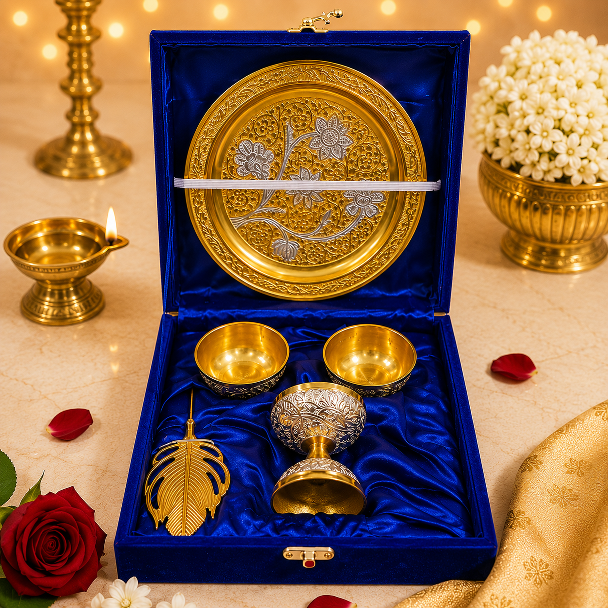 Silver-Golden German Finish Pooja Gift Set | 5-Piece Premium Decorative Religious Collection with Velvet Box