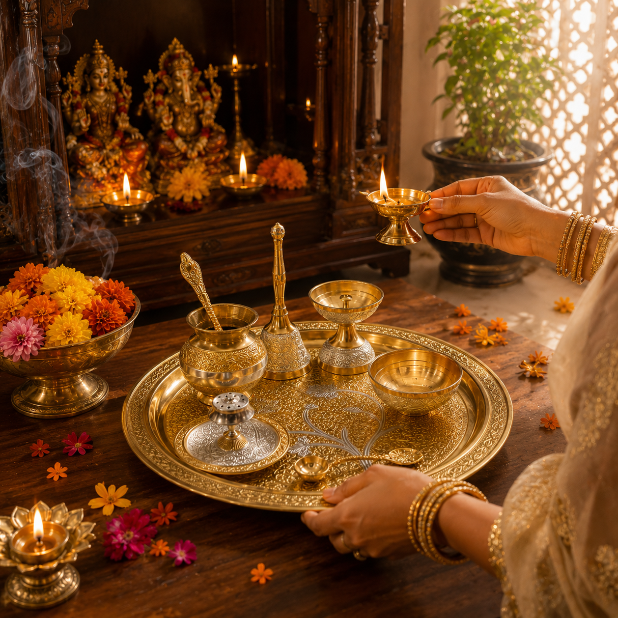 Elegant German Finish 10-Inch Pooja Gift Set | Silver-Gold 7-Piece Devotional Collection
