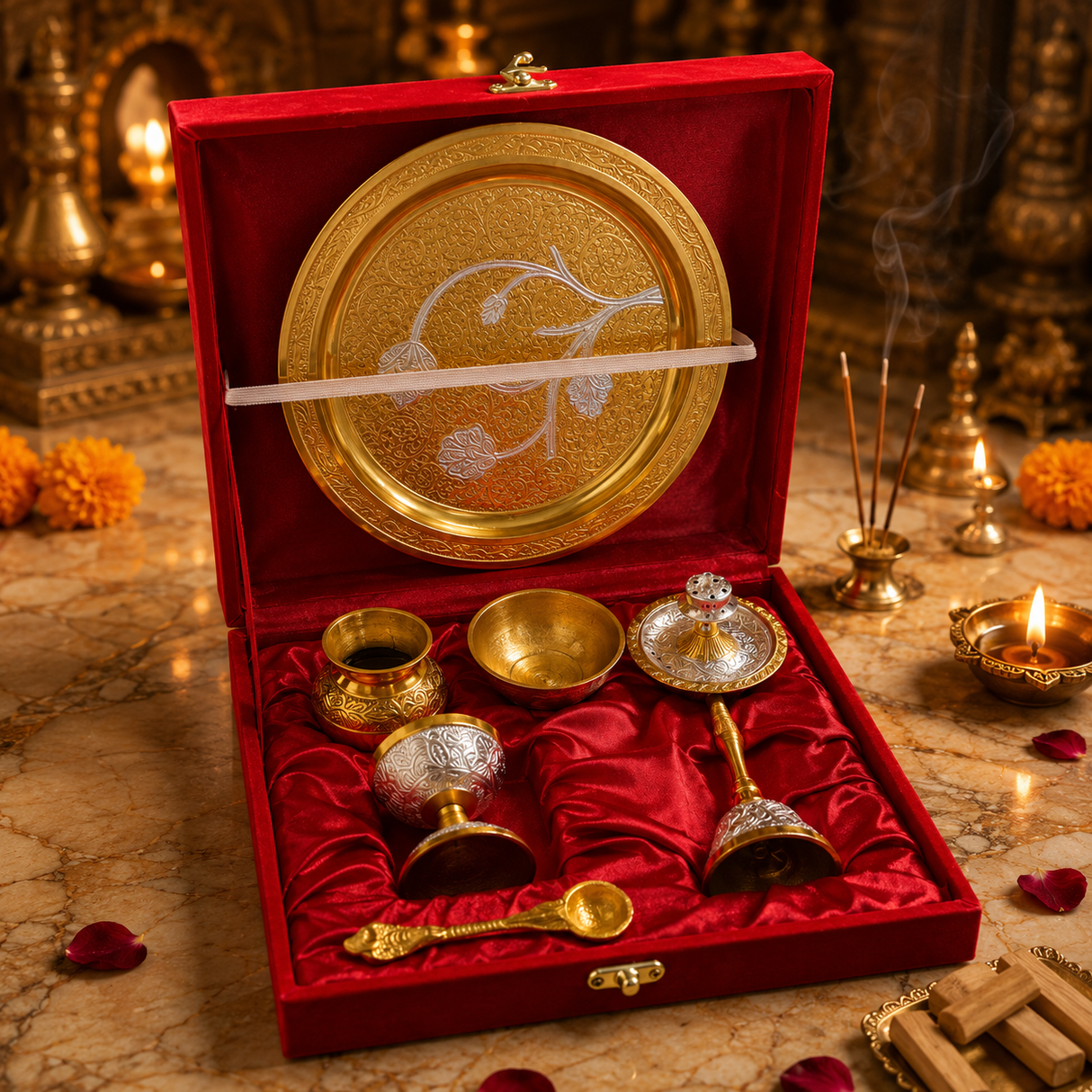 Elegant German Finish 8-Inch Pooja Gift Set | Silver-Gold 7-Piece Devotional Collection