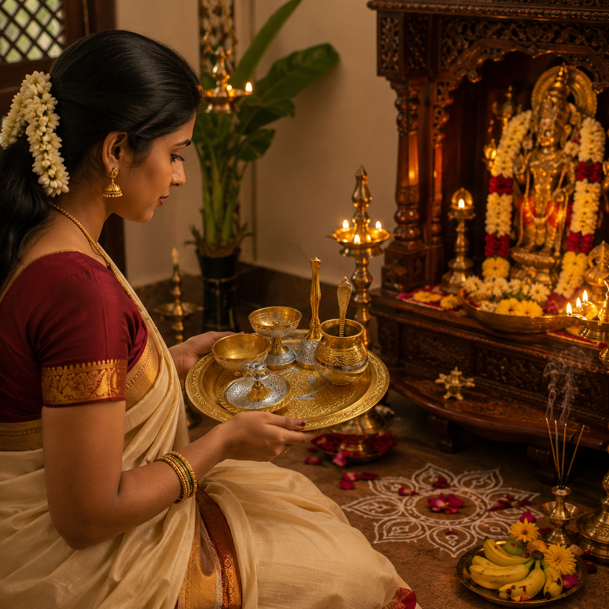 Elegant German Finish 8-Inch Pooja Gift Set | Silver-Gold 7-Piece Devotional Collection