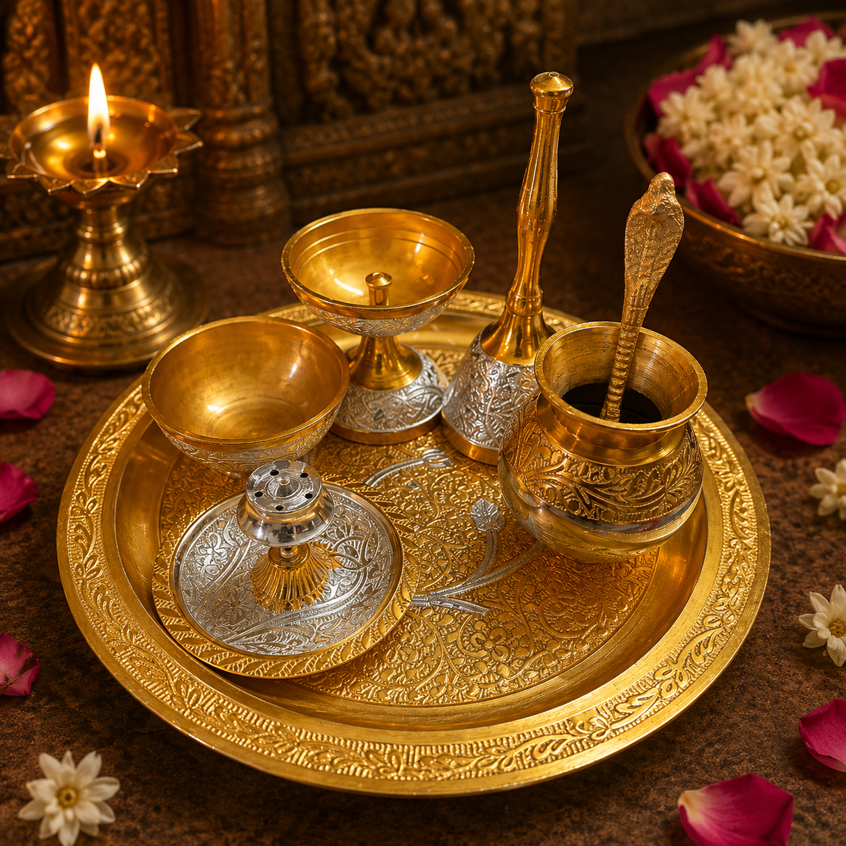 Elegant German Finish 8-Inch Pooja Gift Set | Silver-Gold 7-Piece Devotional Collection