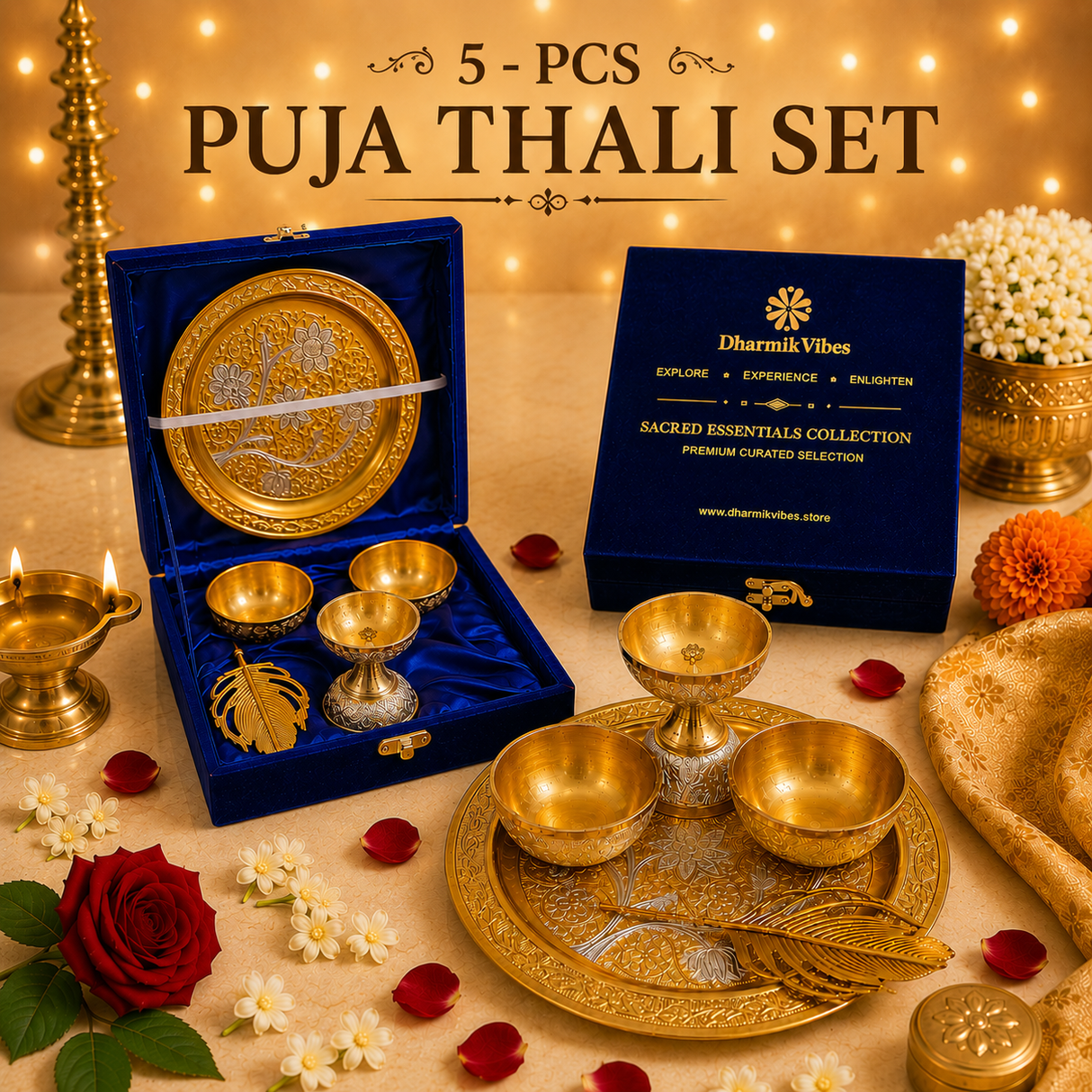 Silver-Golden German Finish Pooja Gift Set | 5-Piece Premium Decorative Religious Collection with Velvet Box