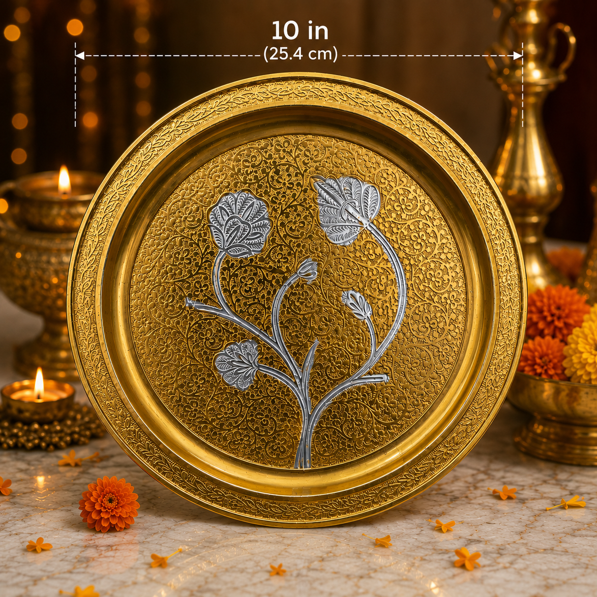 Elegant German Finish 10-Inch Pooja Gift Set | Silver-Gold 7-Piece Devotional Collection