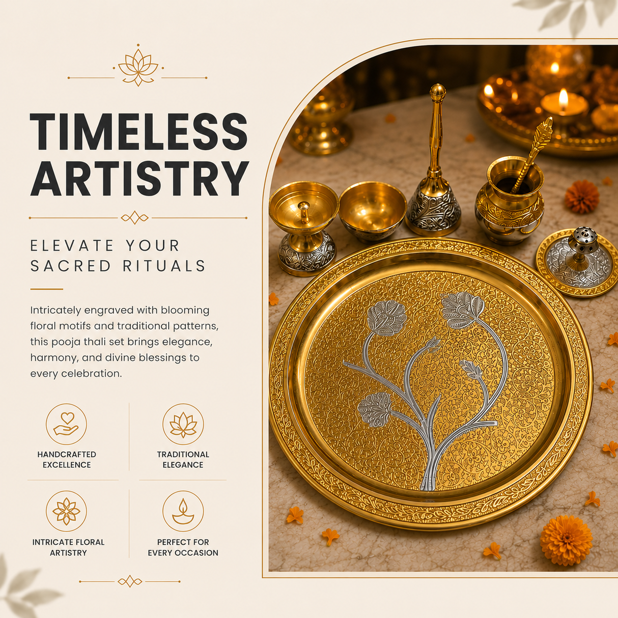 Elegant German Finish 10-Inch Pooja Gift Set | Silver-Gold 7-Piece Devotional Collection