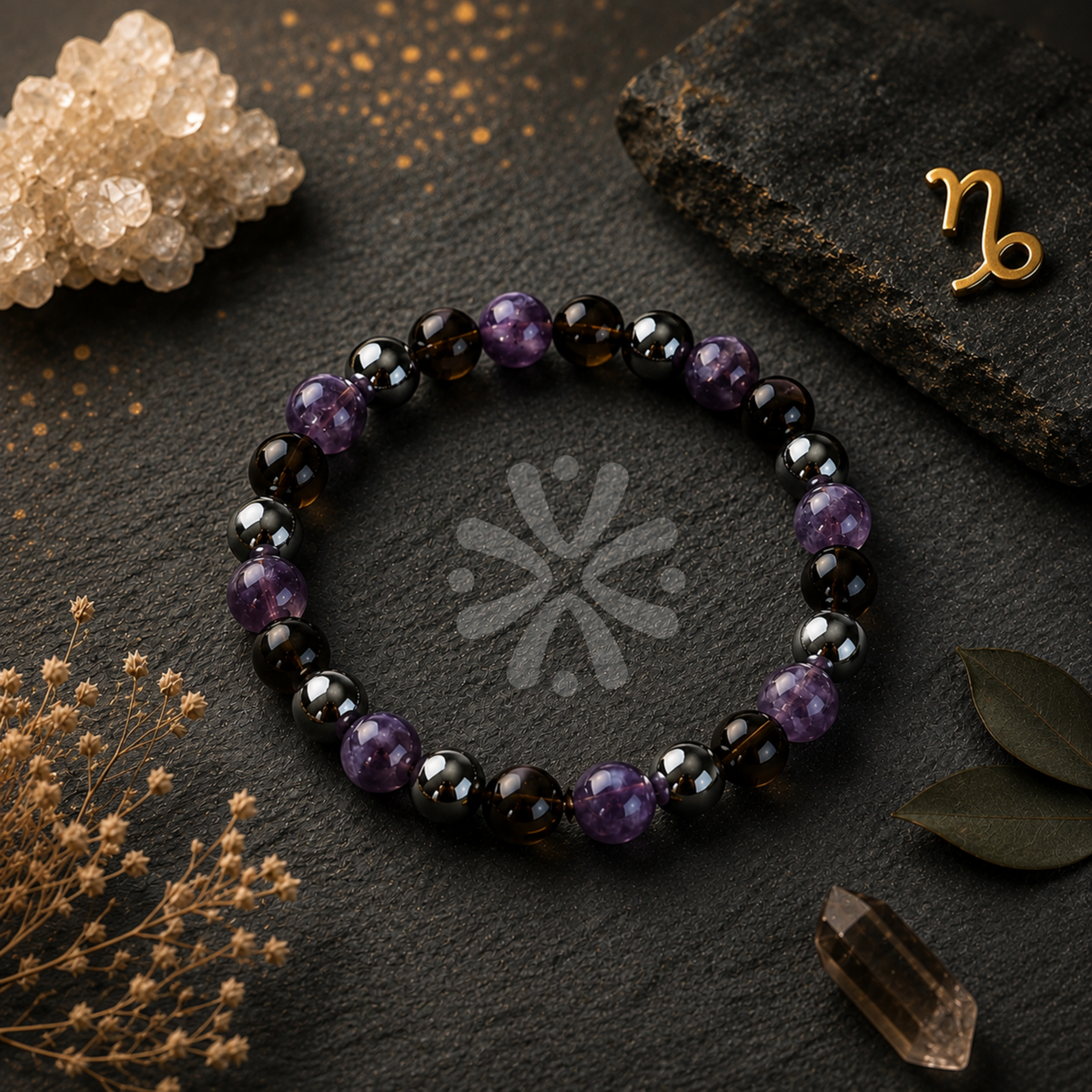 Capricorn Zodiac Crystal Bracelet | Smoky Quartz, Amethyst & Hematite | DharmikVibes