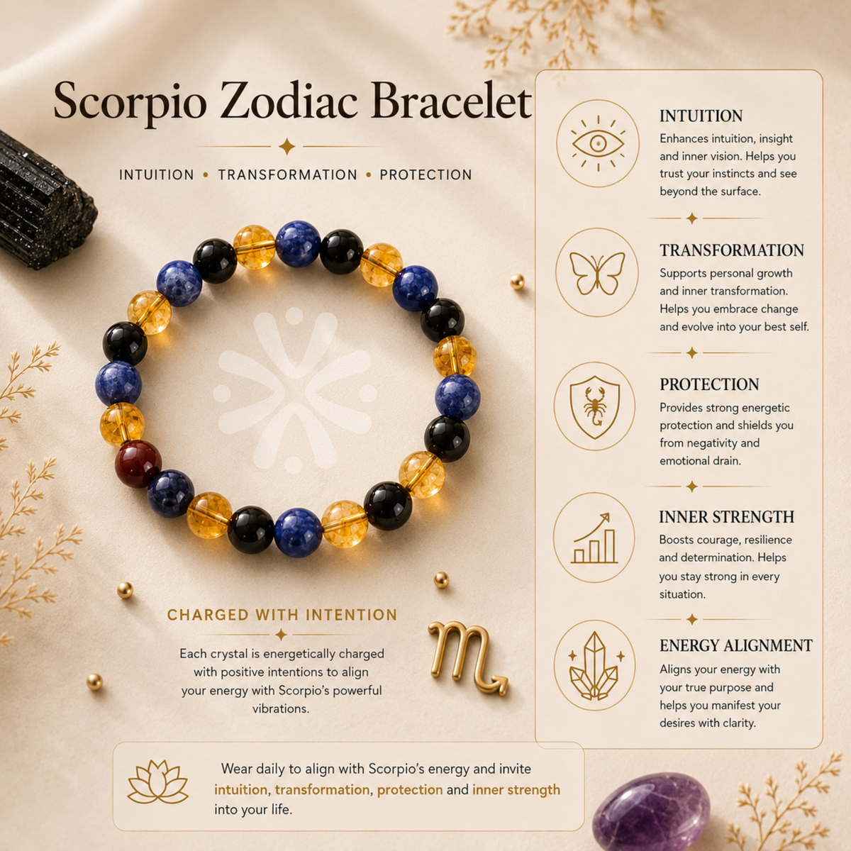 Scorpio Zodiac Crystal Bracelet | Sodalite, Citrine & Bloodstone | DharmikVibes