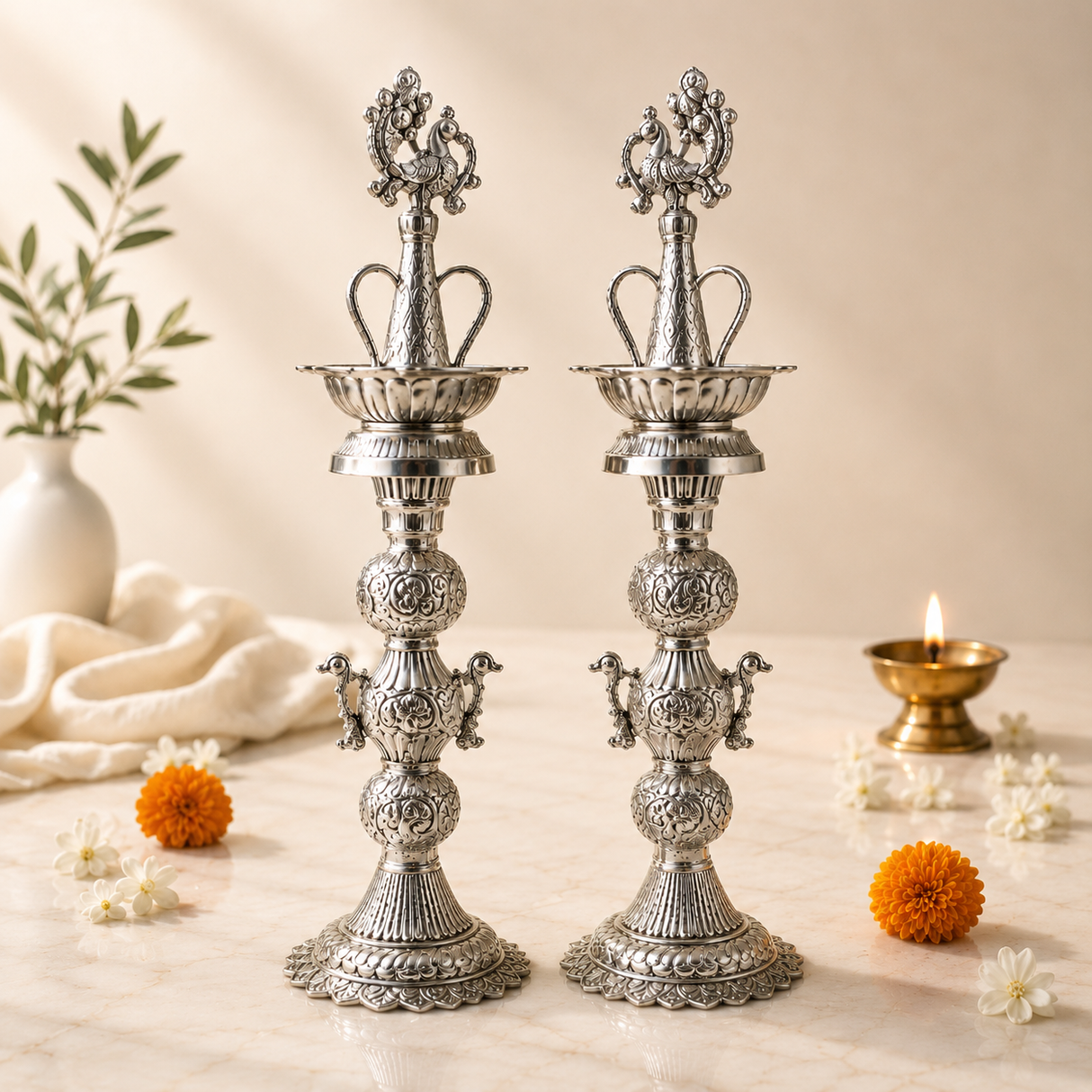 Premium German Silver Peacock Samayee Stand (Pair) | 24 Inch