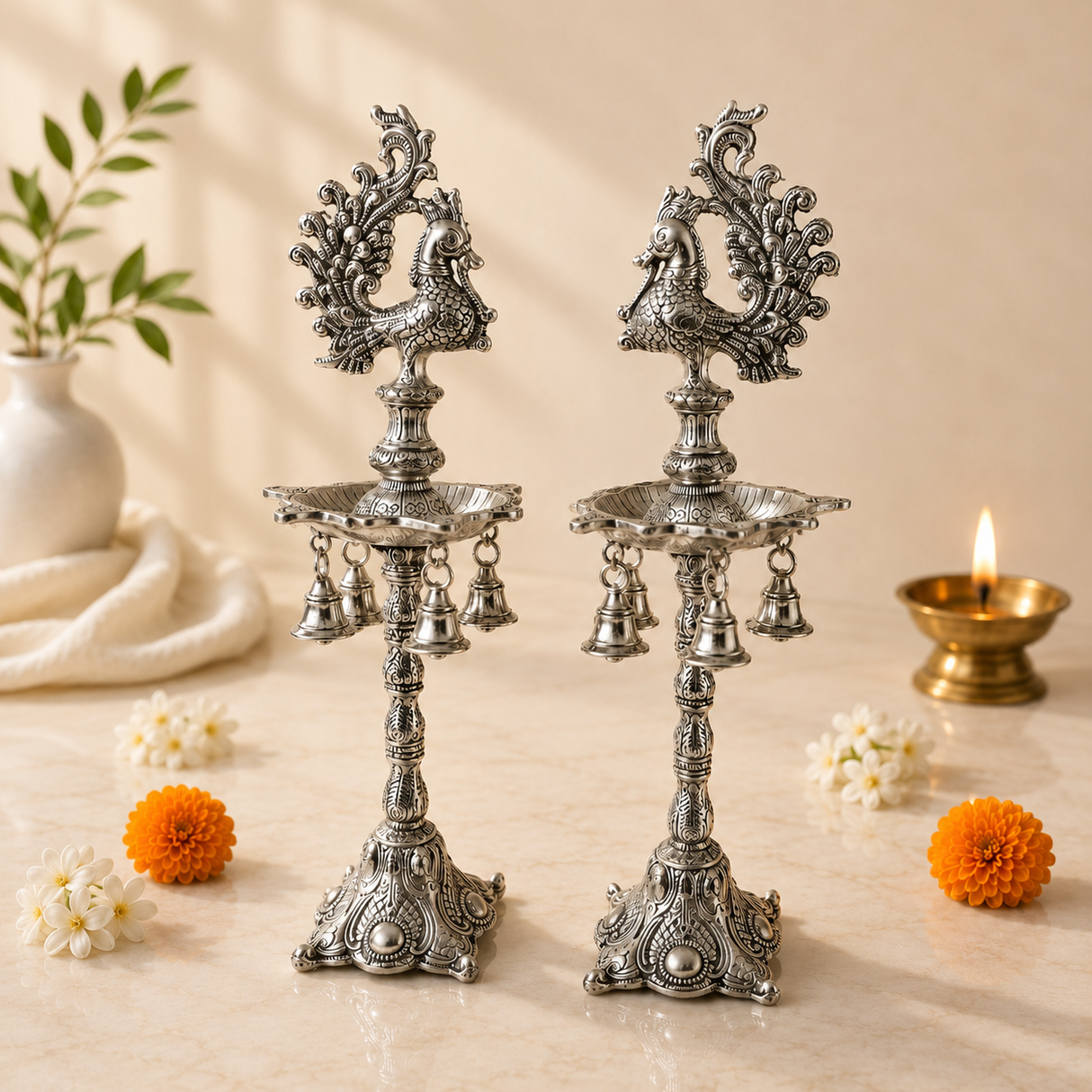 Silver Peacock Samayee (Pair) | Decorative Pooja Deepam 18 Inch