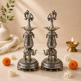 Antique Elephant Samayee Deepam (Pair) German Silver | Traditional Pooja Lamp