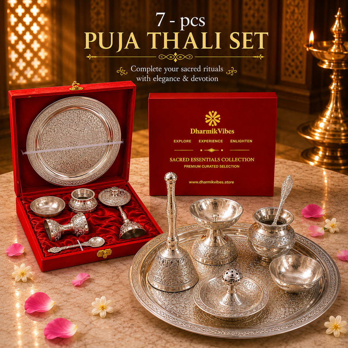 Silver Color German Finish Pooja Gift Set 8 inch | 7-Piece Premium Decorative Religious Collection with Velvet Box | DVS330633