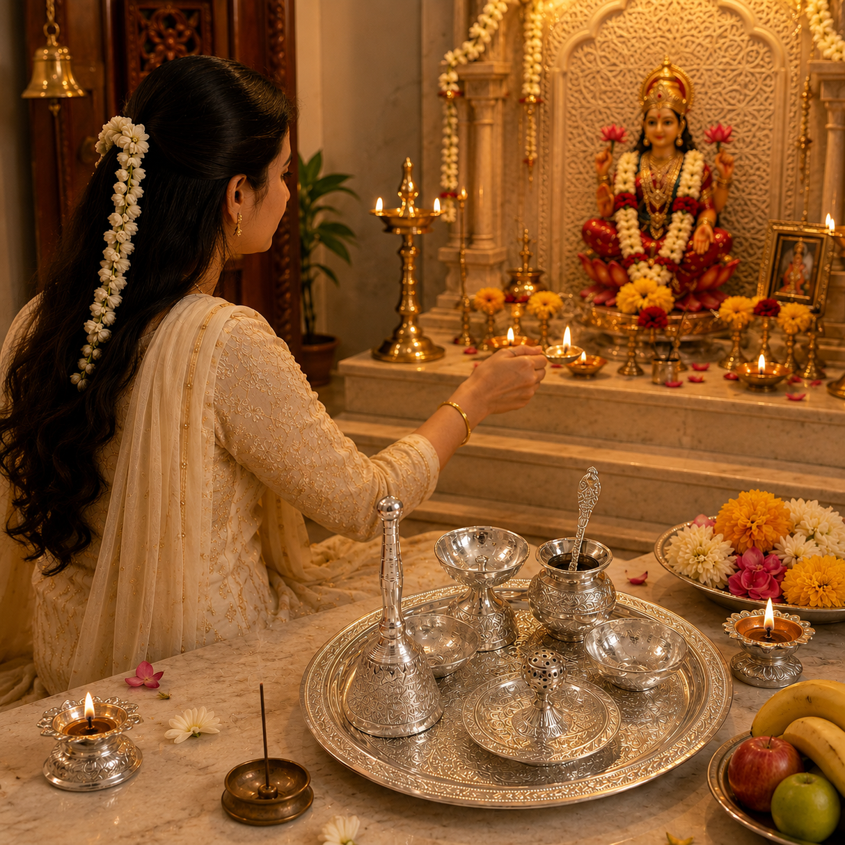 Silver Color German Finish Pooja Gift Set 8 inch | 7-Piece Premium Decorative Religious Collection with Velvet Box | DVS330633