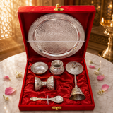 Silver Color German Finish Pooja Gift Set 8 inch | 7-Piece Premium Decorative Religious Collection with Velvet Box | DVS330633