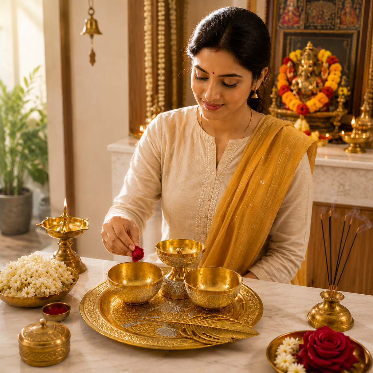 Silver-Golden German Finish Pooja Gift Set | 5-Piece Premium Decorative Religious Collection with Velvet Box