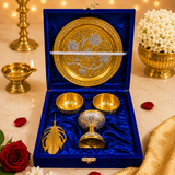 Silver-Golden German Finish Pooja Gift Set | 5-Piece Premium Decorative Religious Collection with Velvet Box