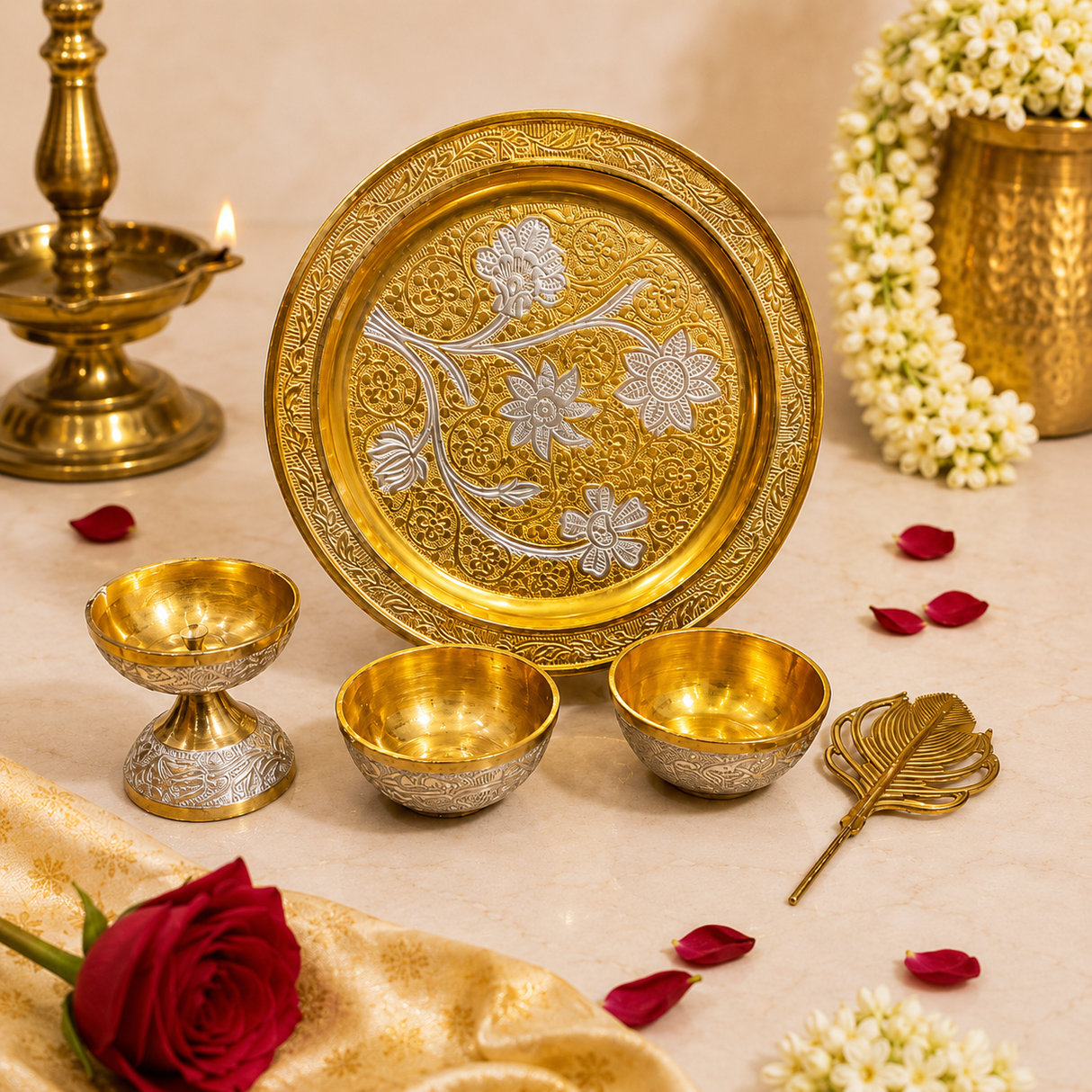 Silver-Golden German Finish Pooja Gift Set | 5-Piece Premium Decorative Religious Collection with Velvet Box