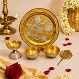 Silver-Golden German Finish Pooja Gift Set | 5-Piece Premium Decorative Religious Collection with Velvet Box