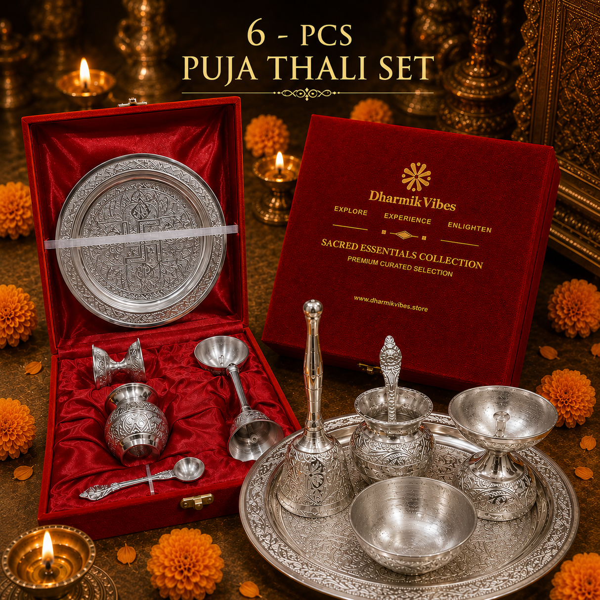 German Silver Pooja Thali Set | 6- Piece Premium Religious set