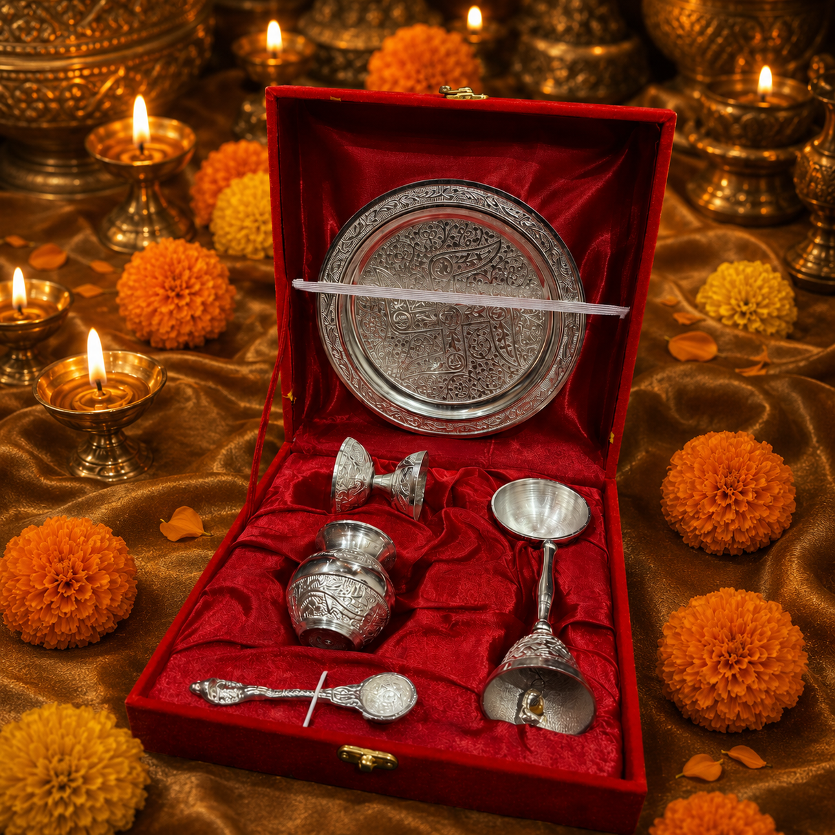 German Silver Pooja Thali Set | 6- Piece Premium Religious set