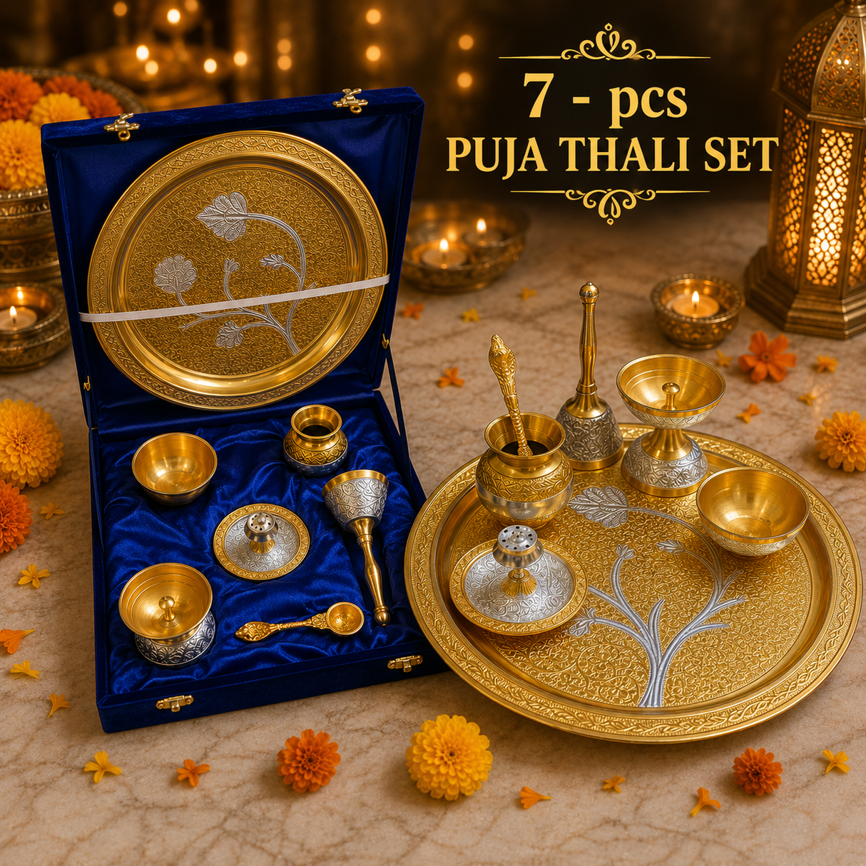 Elegant German Finish 10-Inch Pooja Gift Set | Silver-Gold 7-Piece Devotional Collection