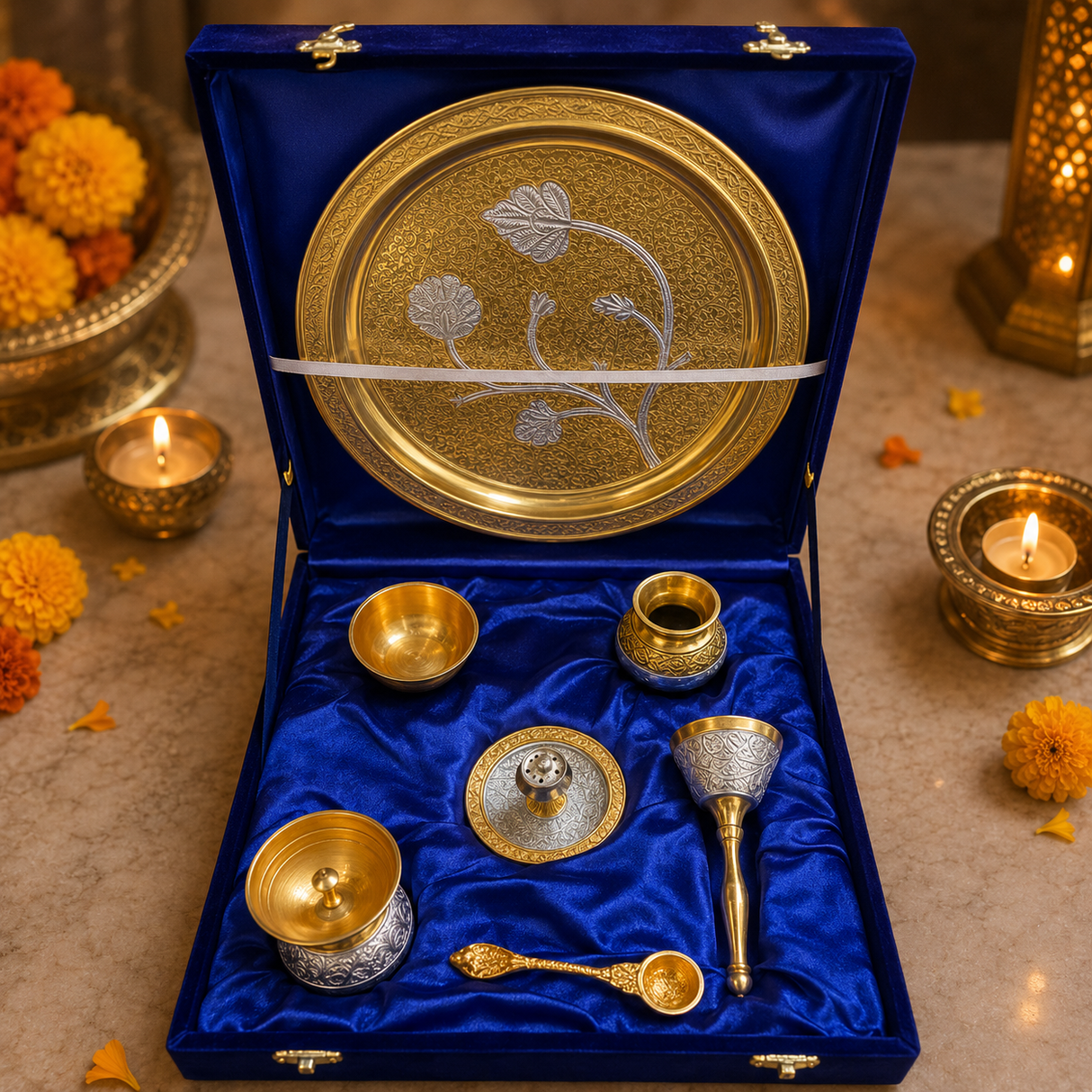 Elegant German Finish 10-Inch Pooja Gift Set | Silver-Gold 7-Piece Devotional Collection