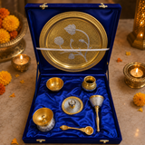 Elegant German Finish 10-Inch Pooja Gift Set | Silver-Gold 7-Piece Devotional Collection