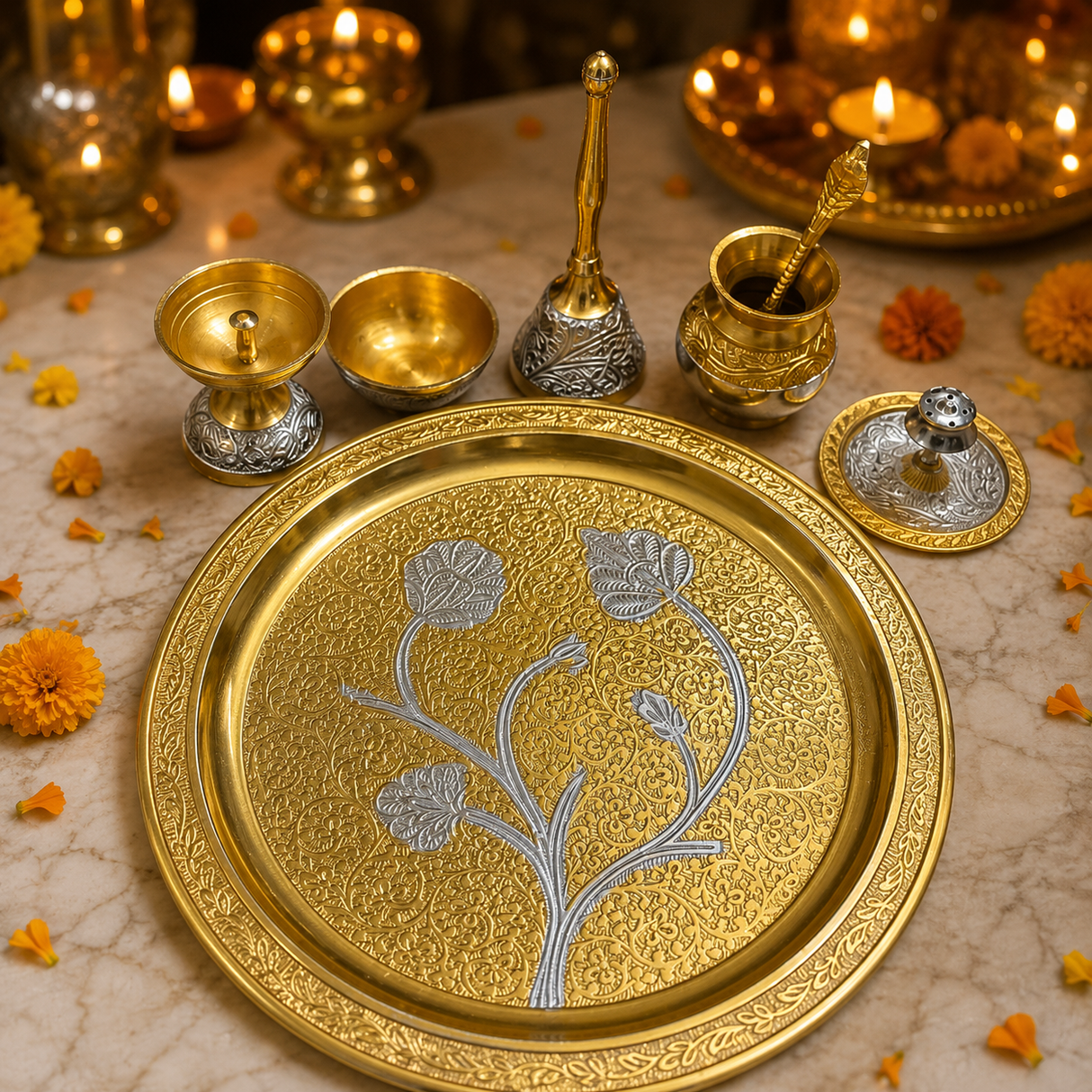 Elegant German Finish 10-Inch Pooja Gift Set | Silver-Gold 7-Piece Devotional Collection