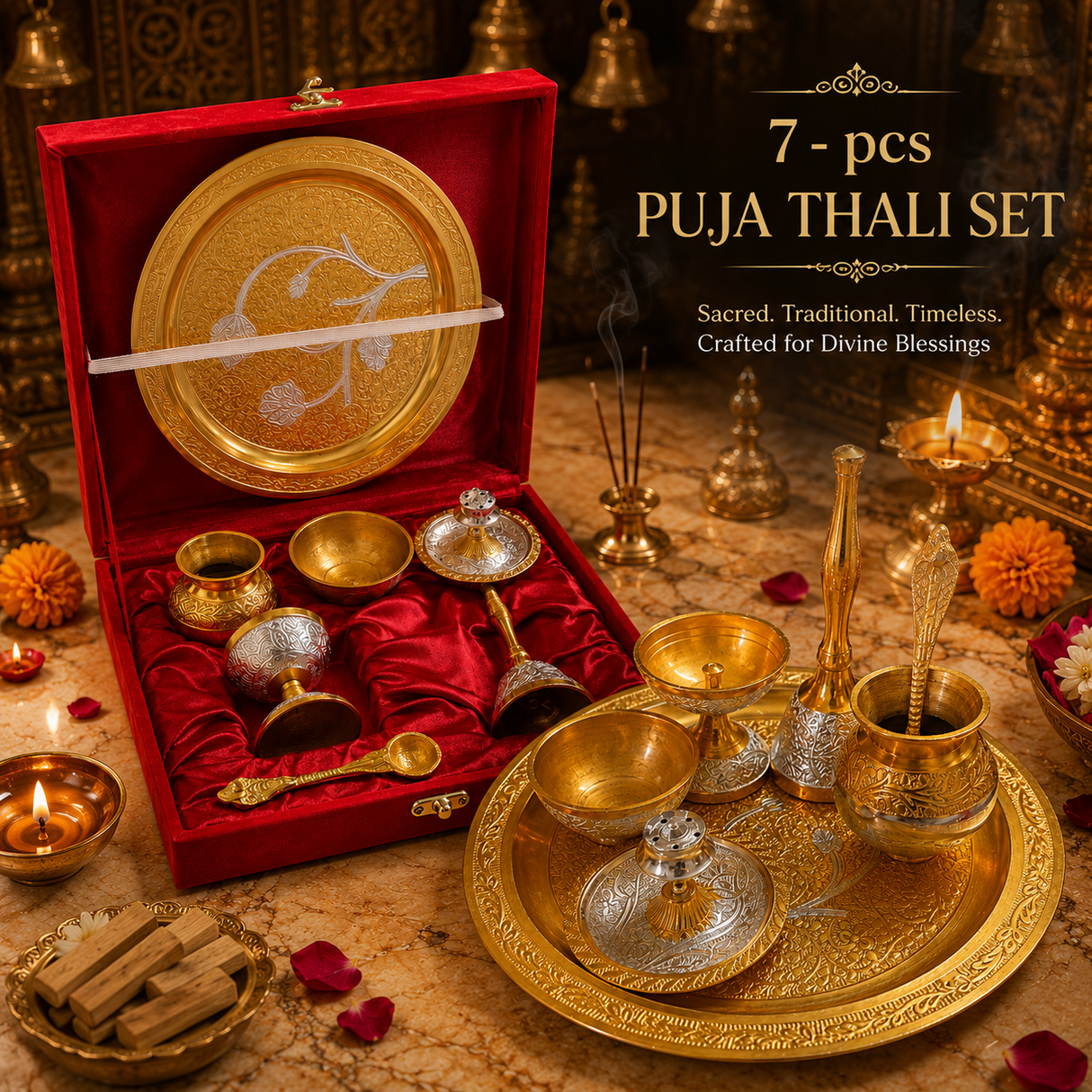 Elegant German Finish 8-Inch Pooja Gift Set | Silver-Gold 7-Piece Devotional Collection