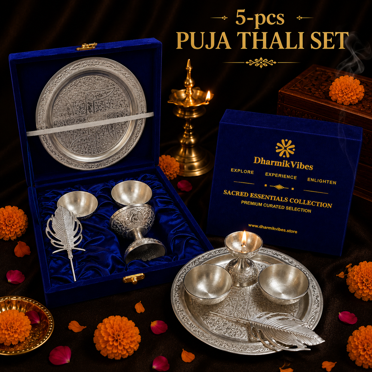Silver Color German Finish Pooja Gift Set | 5-Piece Premium Decorative Religious Collection with Velvet Box | DVS330533