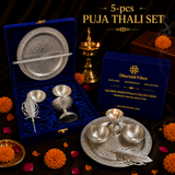 Silver Color German Finish Pooja Gift Set | 5-Piece Premium Decorative Religious Collection with Velvet Box | DVS330533