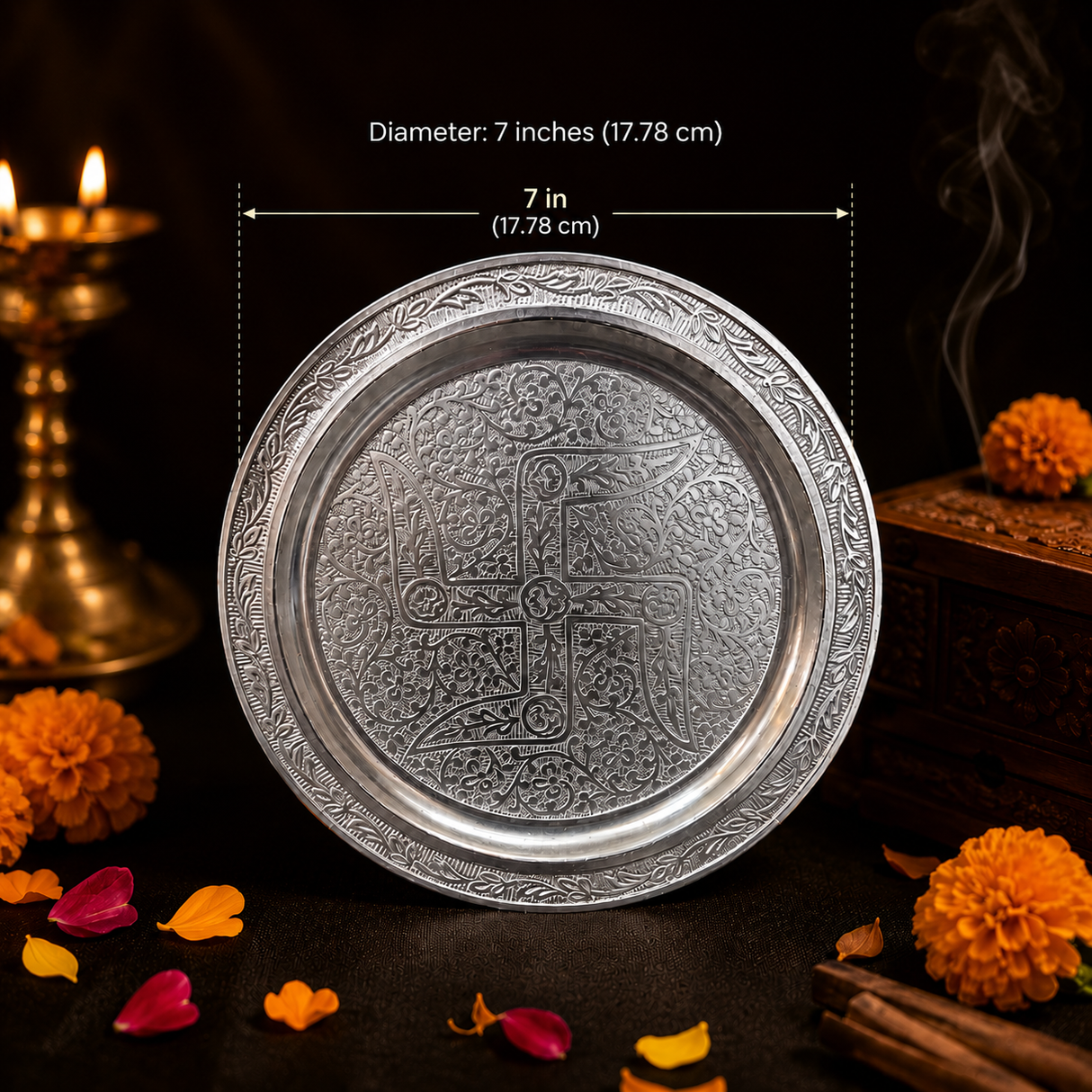 Silver Color German Finish Pooja Gift Set | 5-Piece Premium Decorative Religious Collection with Velvet Box | DVS330533