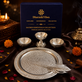 Silver Color German Finish Pooja Gift Set | 5-Piece Premium Decorative Religious Collection with Velvet Box | DVS330533