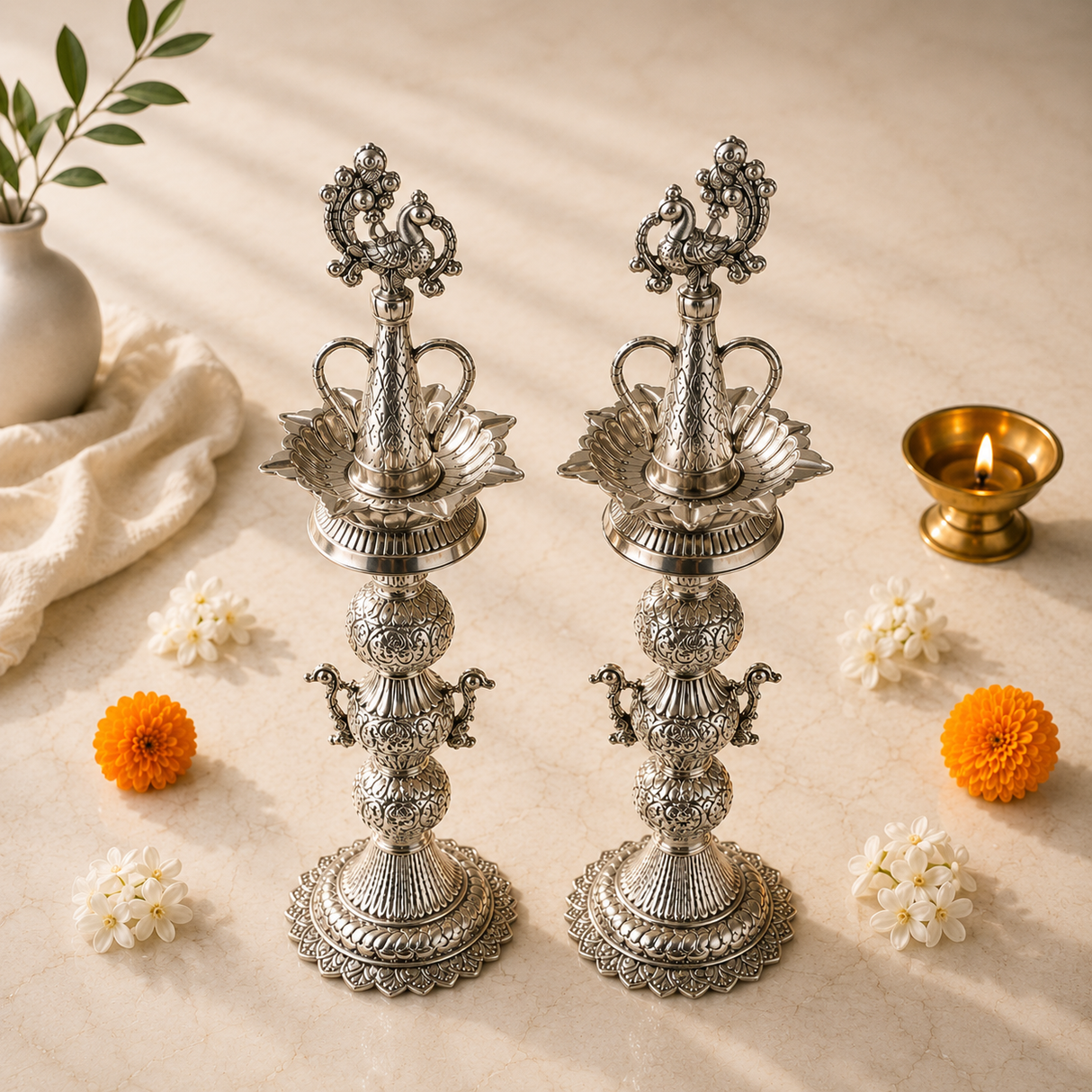 Premium German Silver Peacock Samayee Stand (Pair) | 24 Inch