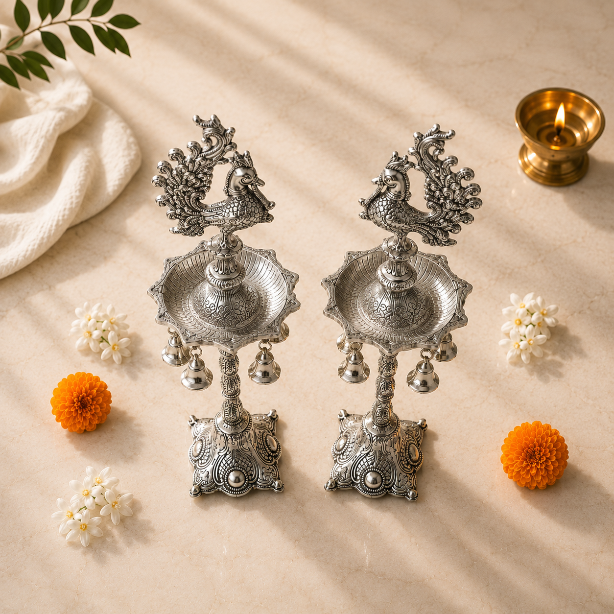 Silver Peacock Samayee (Pair) | Decorative Pooja Deepam 18 Inch