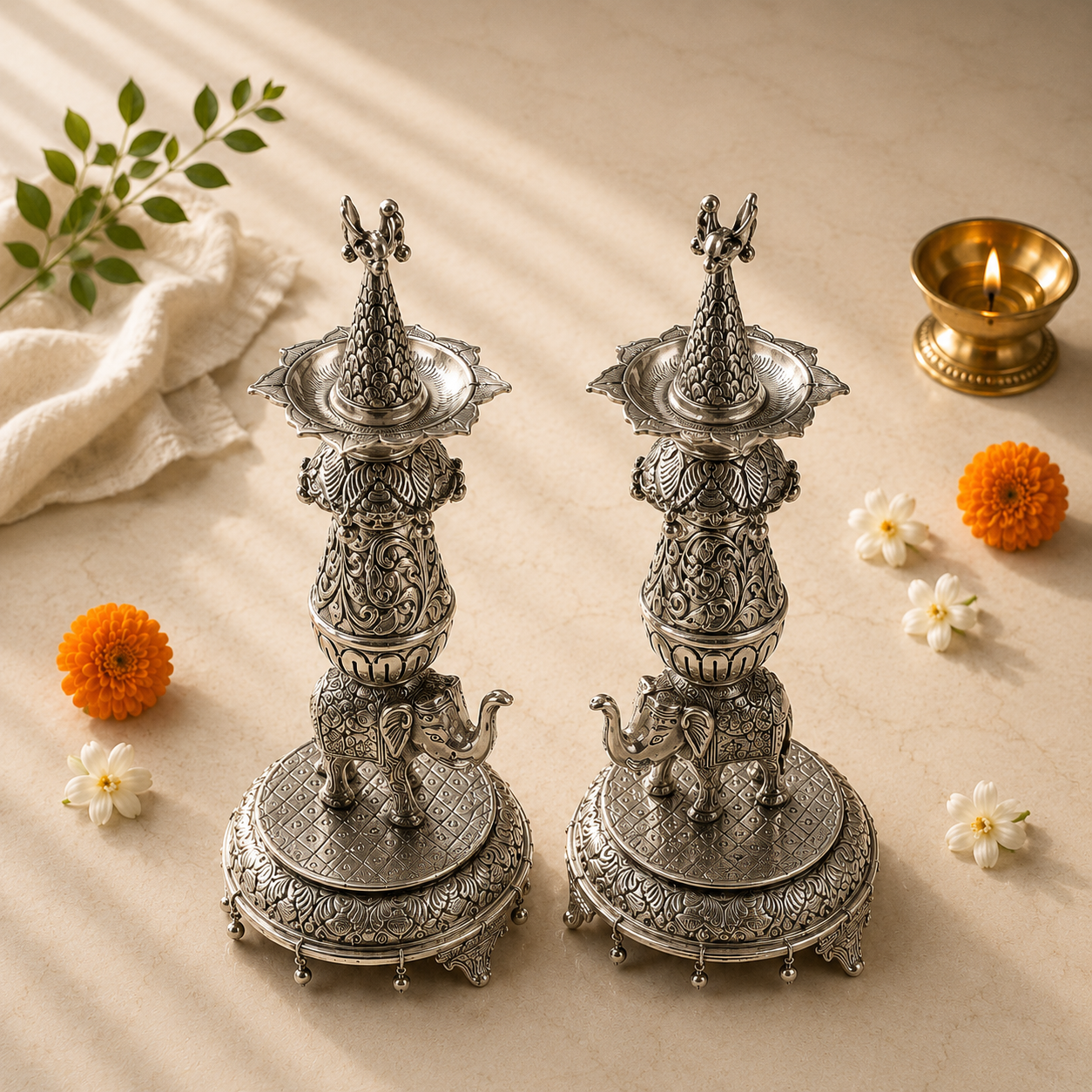 Antique Elephant Samayee Deepam (Pair) German Silver | Traditional Pooja Lamp