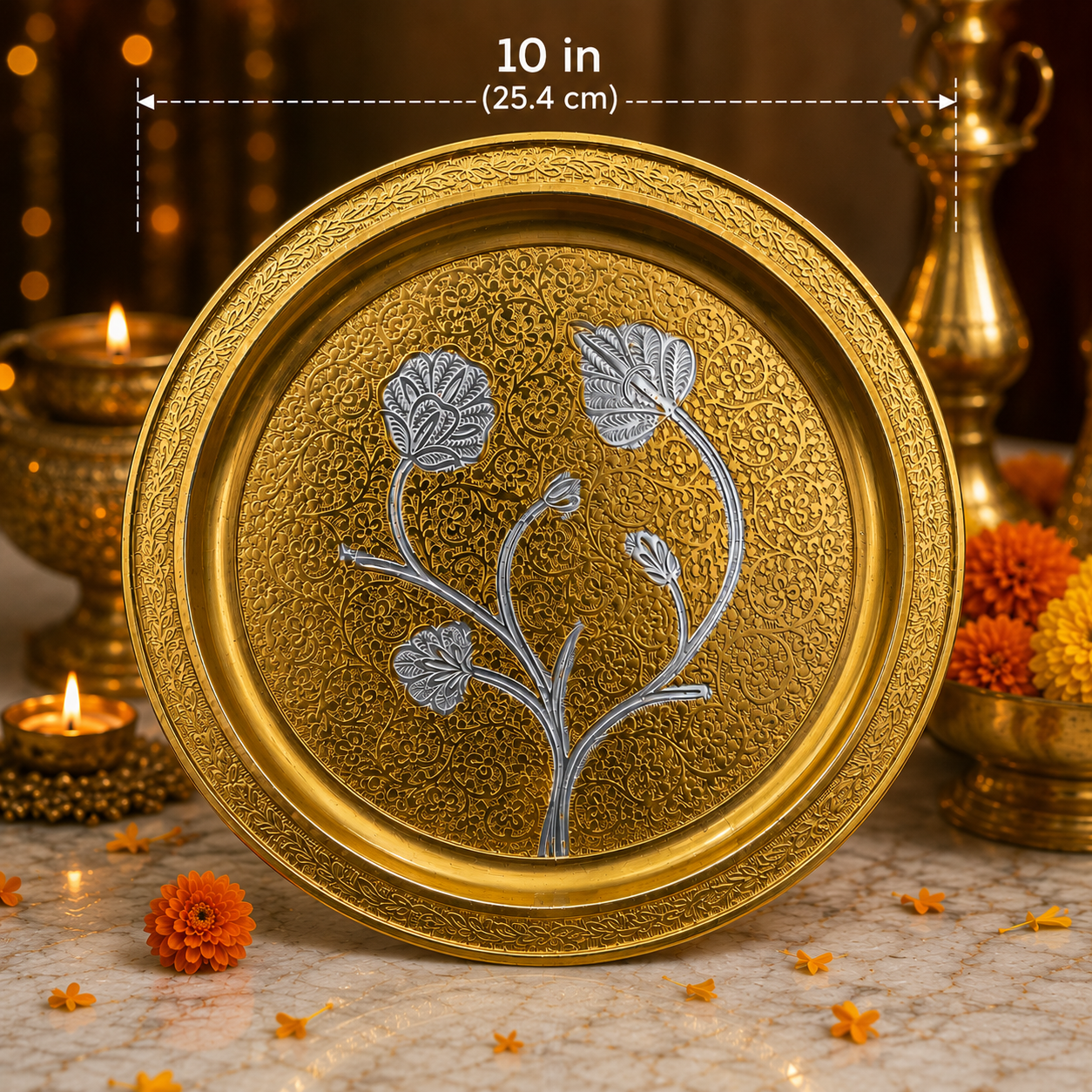 Elegant German Finish 10-Inch Pooja Gift Set | Silver-Gold 7-Piece Devotional Collection